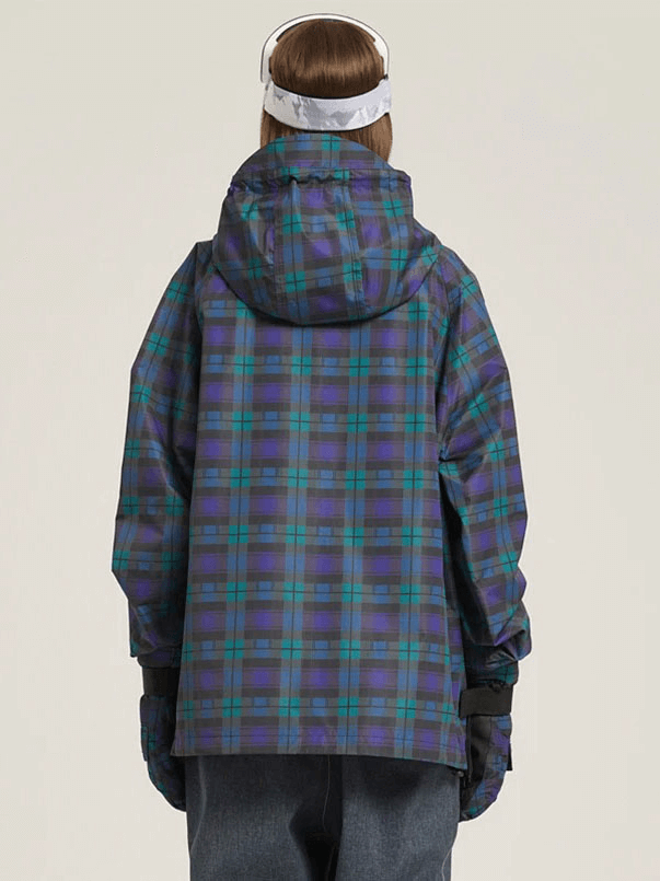 Back view of a women's two-way zip skiing jacket in plaid design, featuring a hood and large pockets for winter sports comfort.